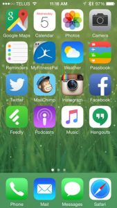A screenshot of a homescreen of an iPhone, showing various apps and their logos